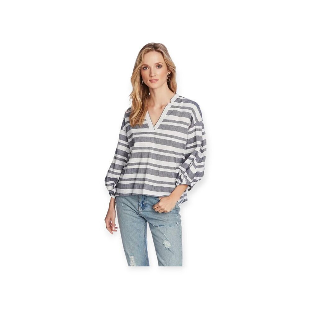 COURT & ROWE Blue Striped Cotton Spandex Blouse Medium Half Sleeve Spring Top